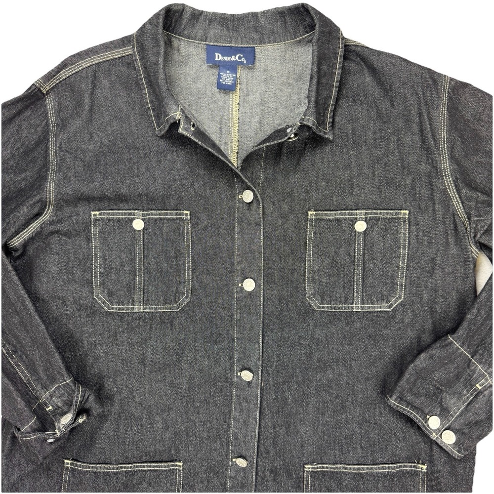 Denim & Co Vintage Jean Denim‎ Jacket 1X Black Wash Pockets Utility Long Chore